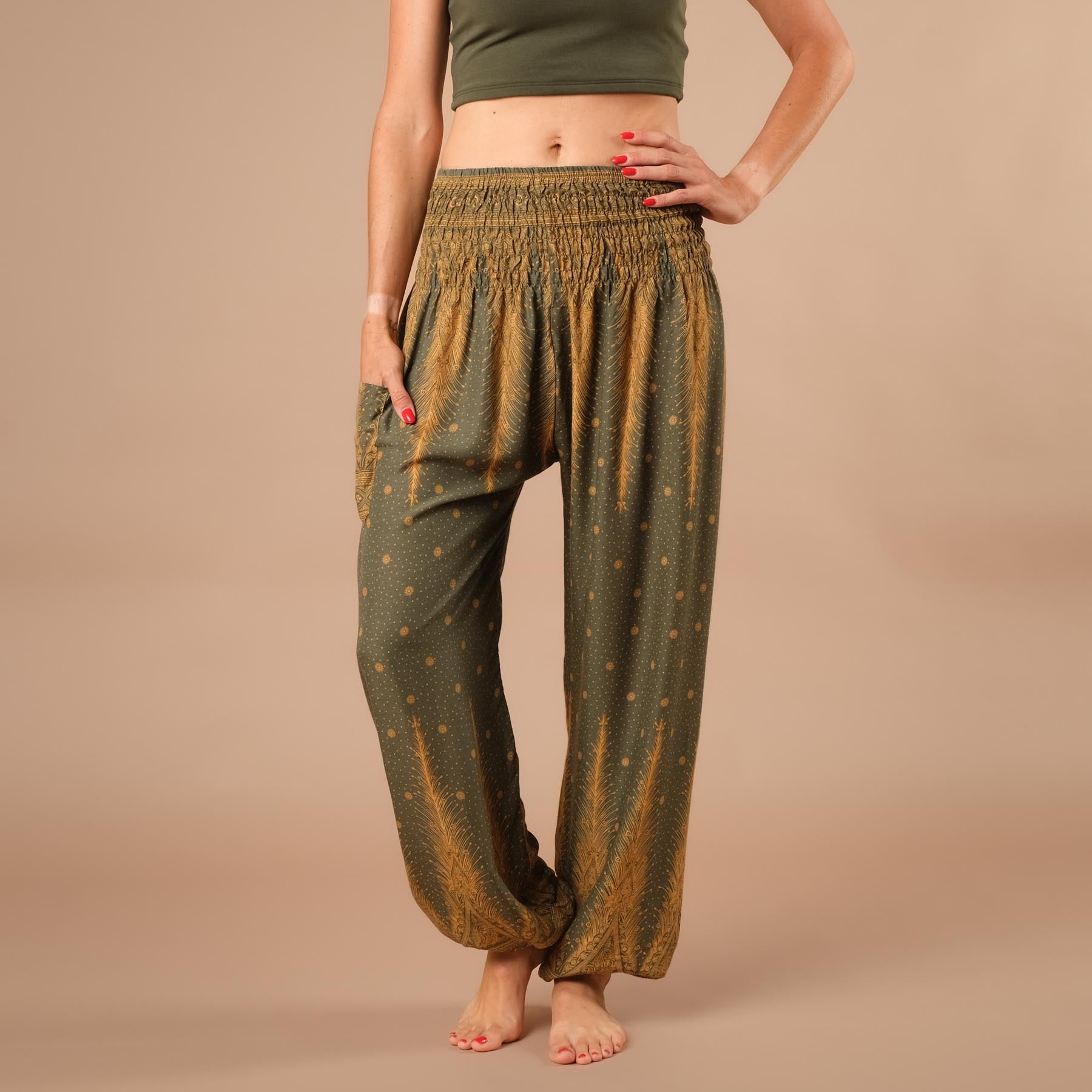 Pantalon de harem, sarouel pour le yoga et les loisirs Bohemian olive