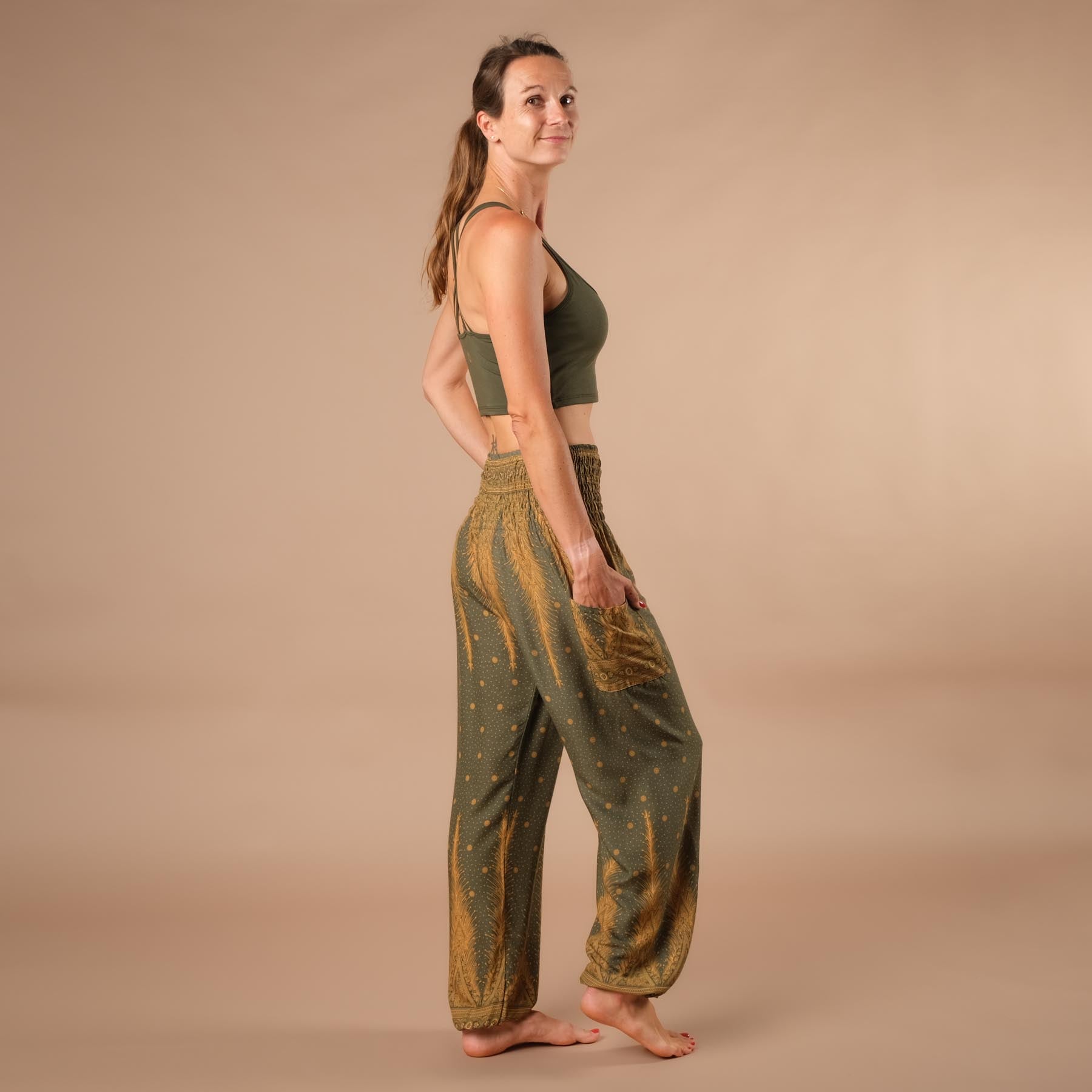 Pantalon de harem, sarouel pour le yoga et les loisirs Bohemian olive