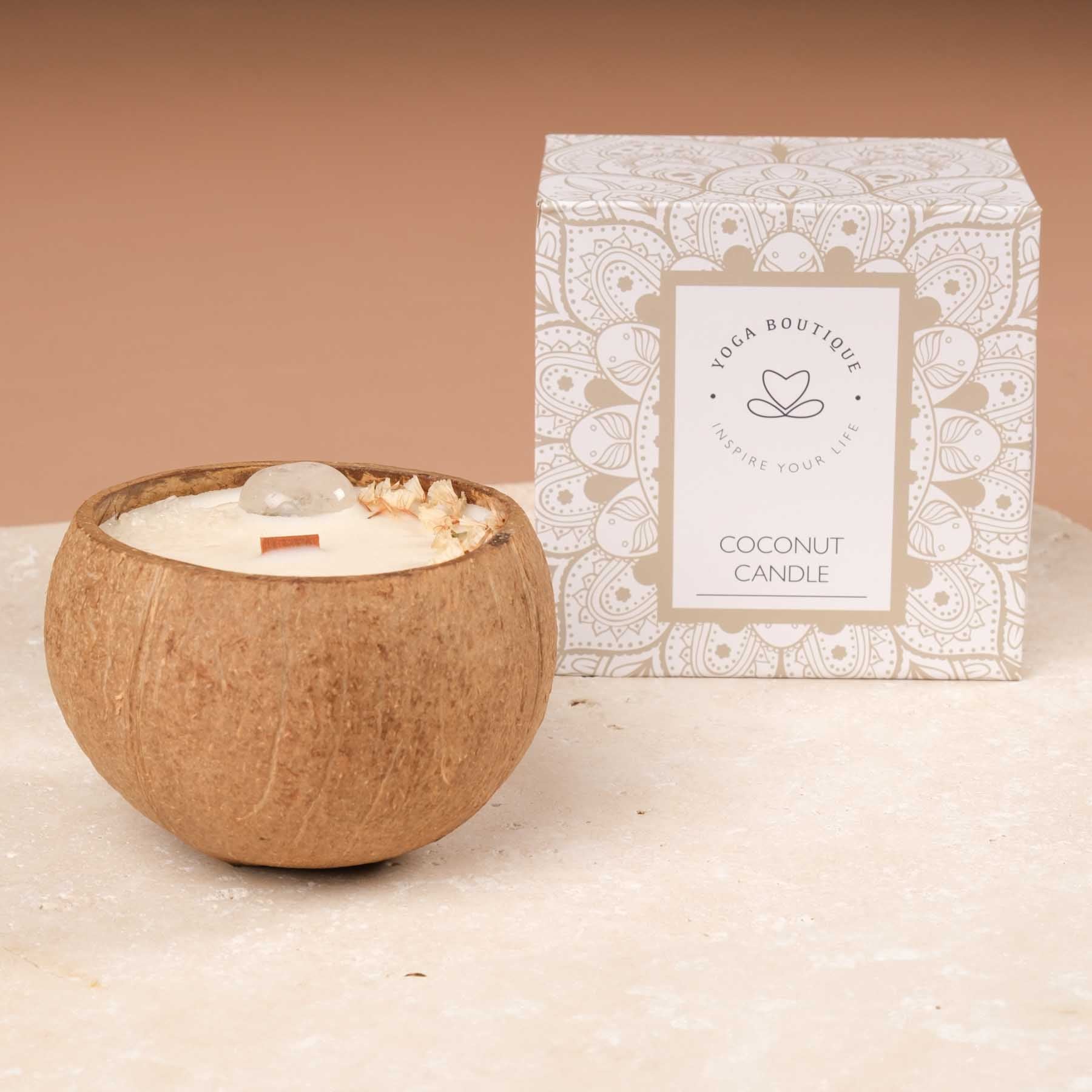 Bougie parfumée à la noix de coco et aux pierres précieuses avec mèche en bois (cire de soja) Jasmin Cristal de roche