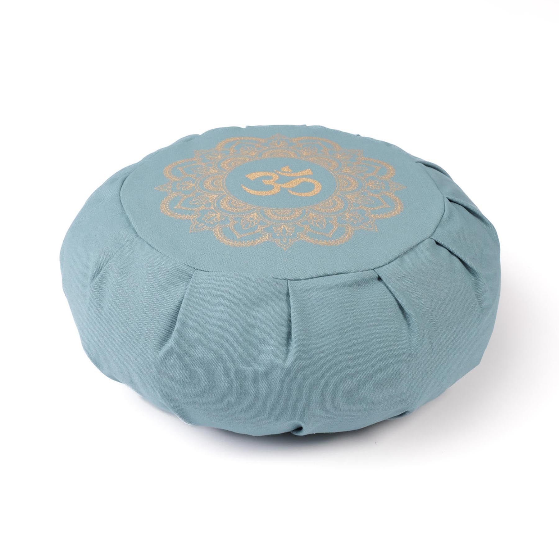 Coussin de méditation zafu en coton bio avec imprimé doré Mandala OM green-water