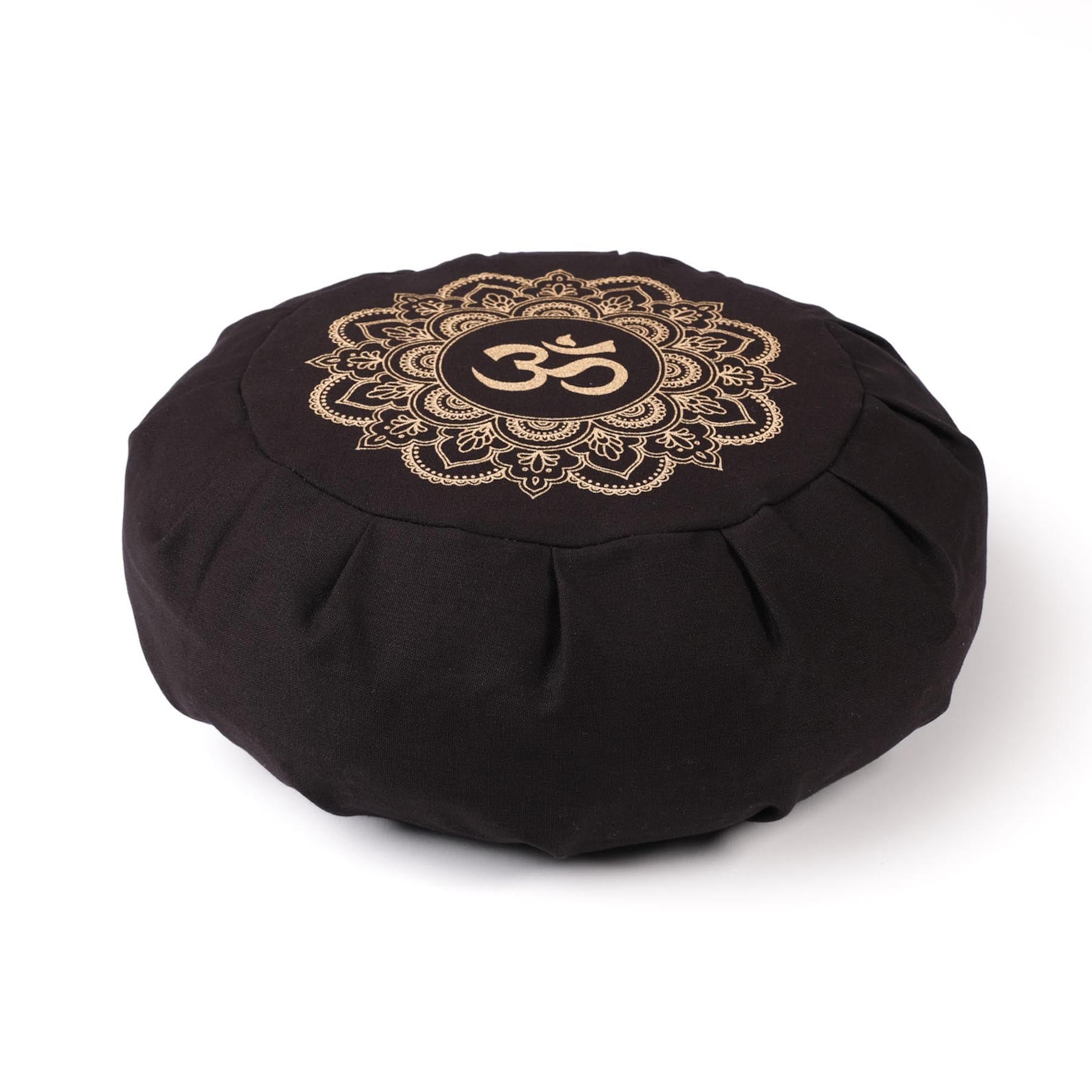 Coussin de méditation zafu en coton bio avec imprimé doré Mandala OM noir