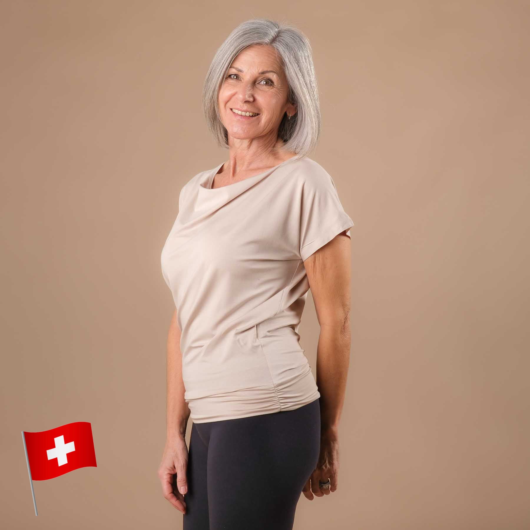 Shirt de yoga en cascade, super durable, cousu en Suisse, sable
