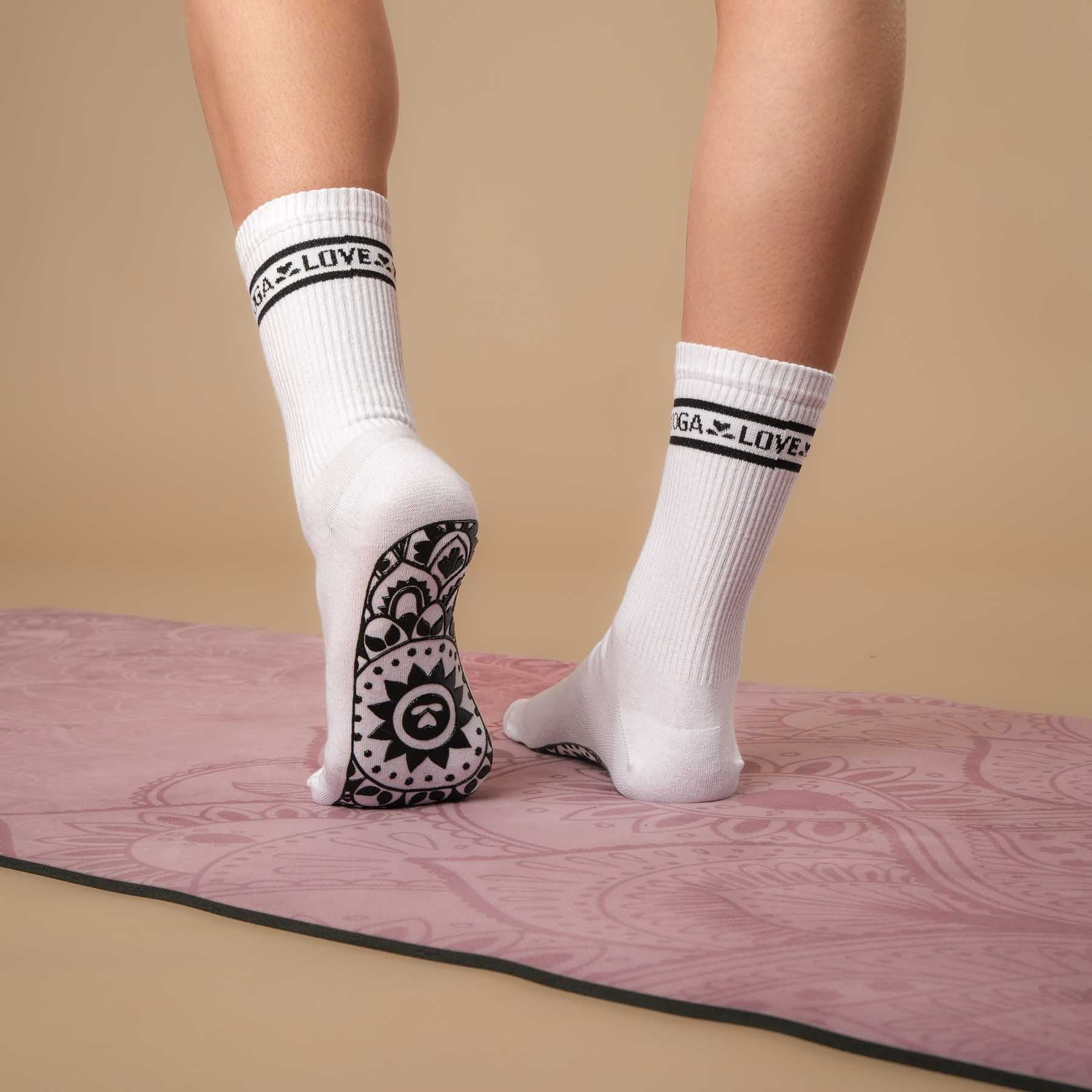 Chaussettes de yoga antidérapantes hautes avec motif Mandala blanc