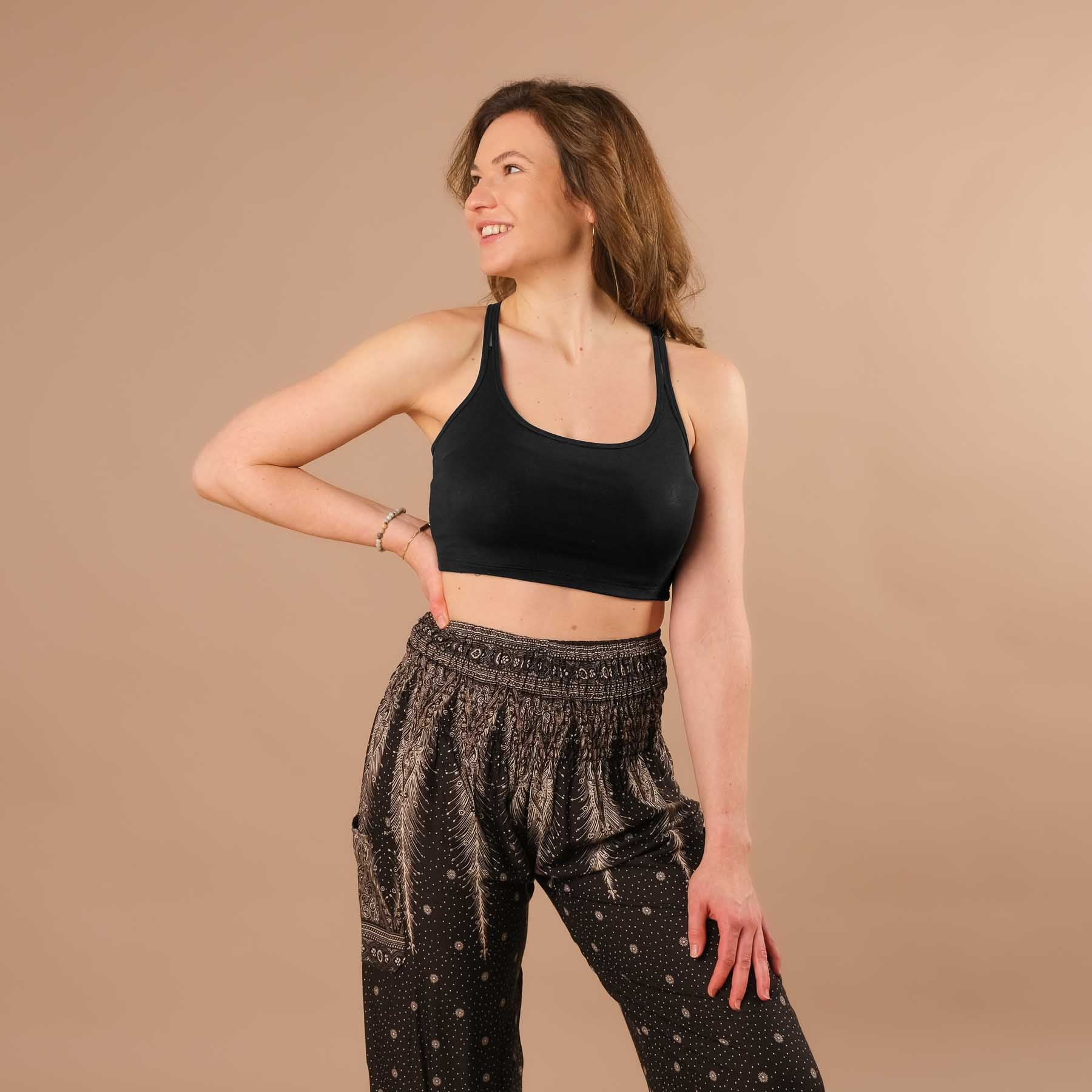 Robes de yoga Crop Top Joy noir en tissu durable et fabriqué en Suisse