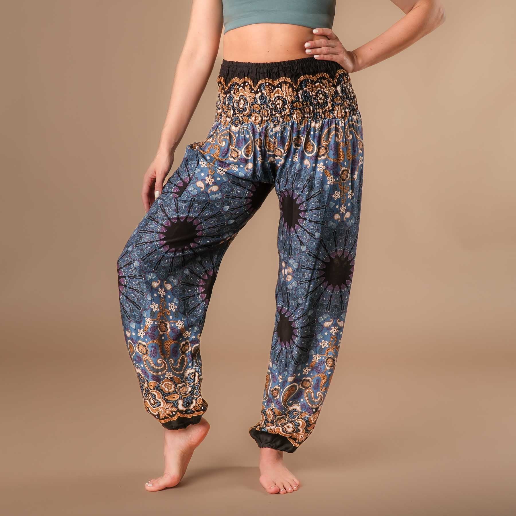 Pantalon de yoga harem Boho Pants Mandala gris-bleu