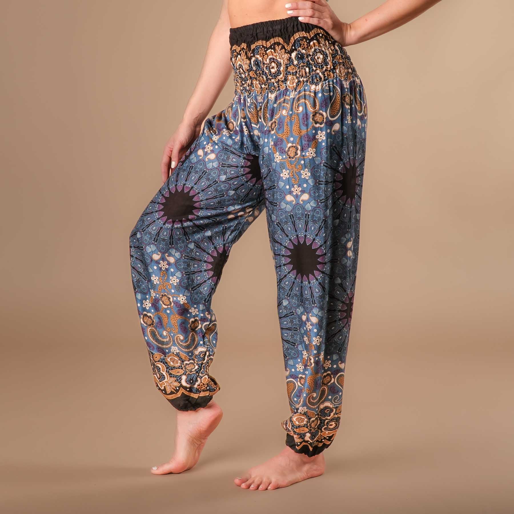 Pantalon de yoga harem Boho Pants Mandala gris-bleu