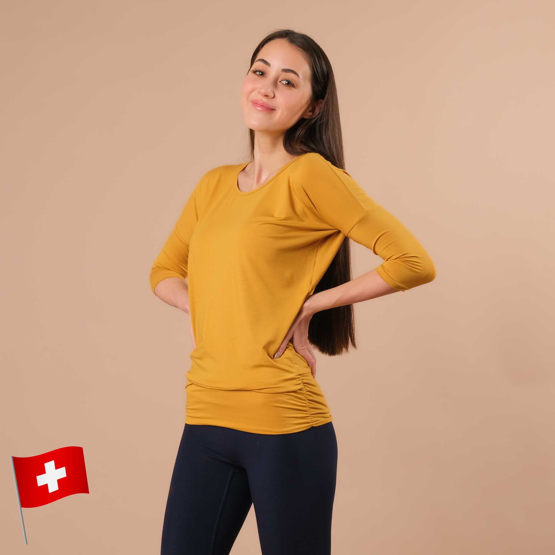 Yoga Shirt Comfy manches 3/4, fabriqué en Suisse, tissu très doux, curry