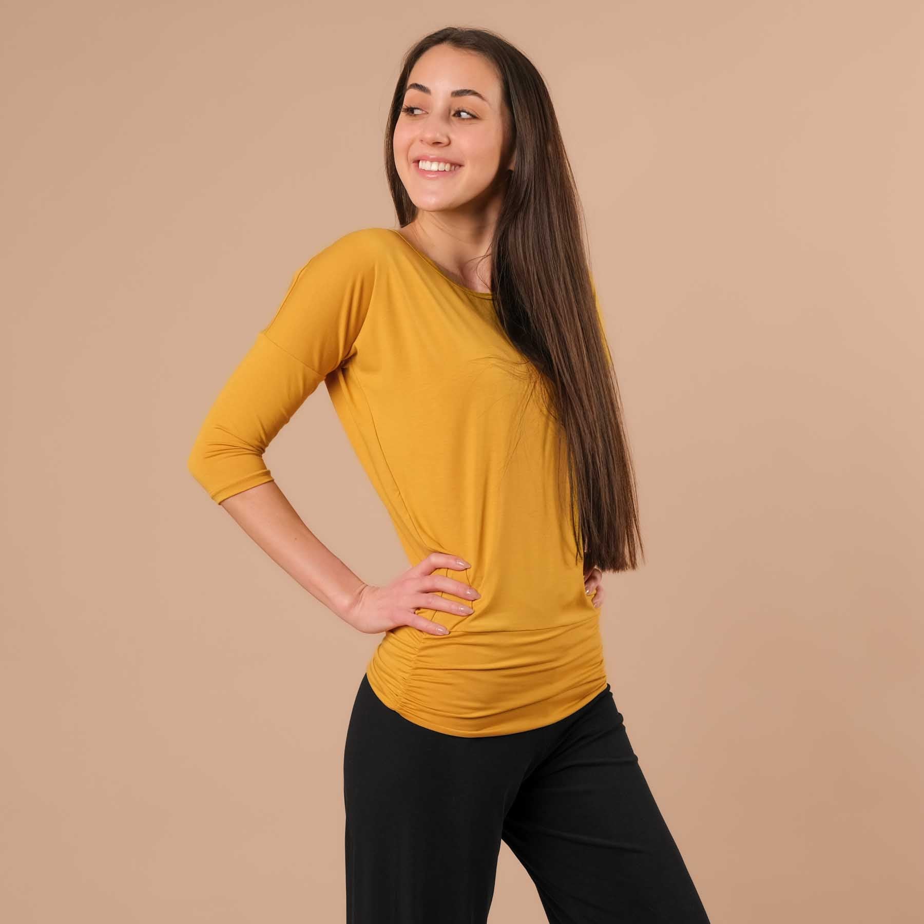 Yoga Shirt Comfy manches 3/4, fabriqué en Suisse, tissu très doux, curry