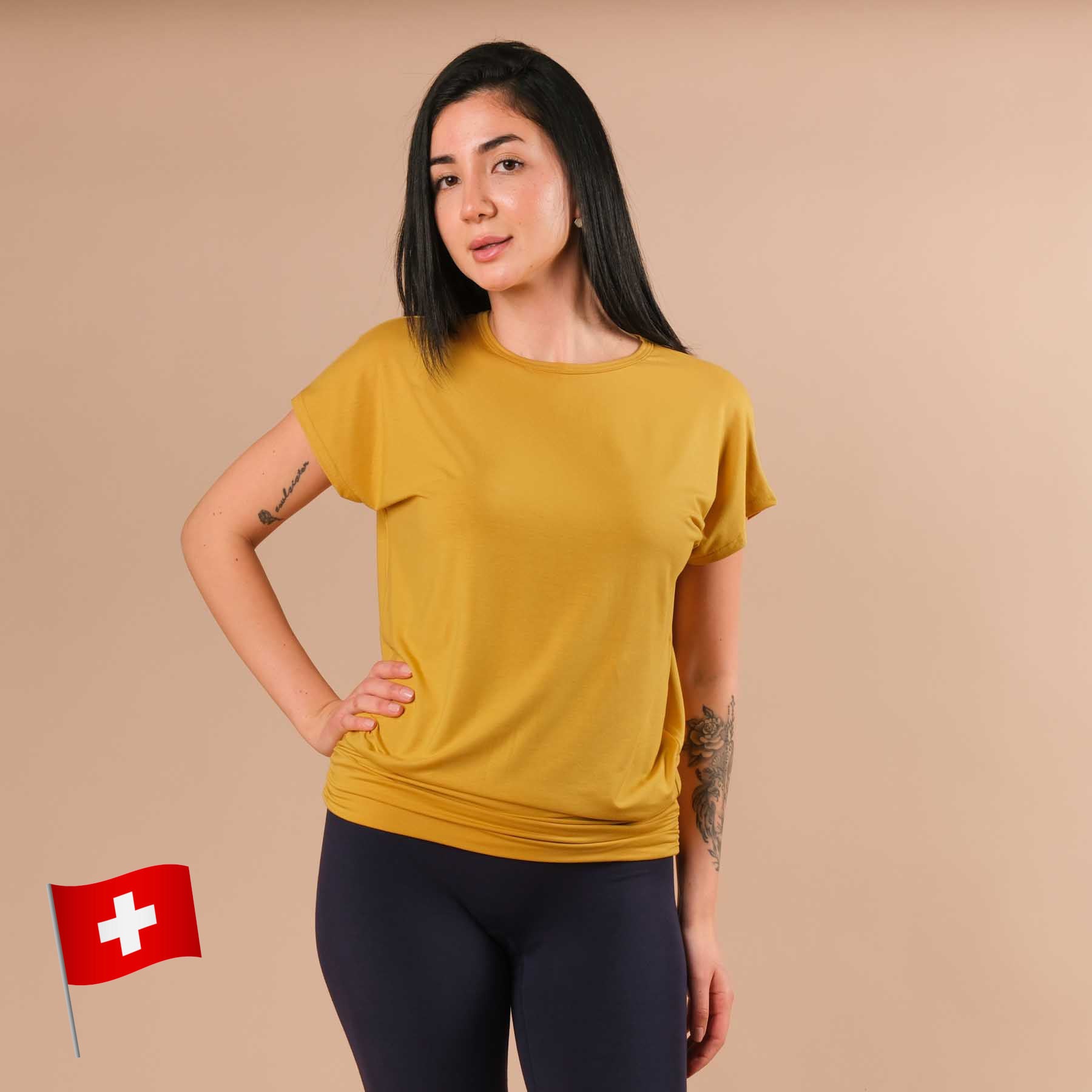 Yoga Shirt Comfy à manches courtes fabriqué de manière durable en Suisse curry