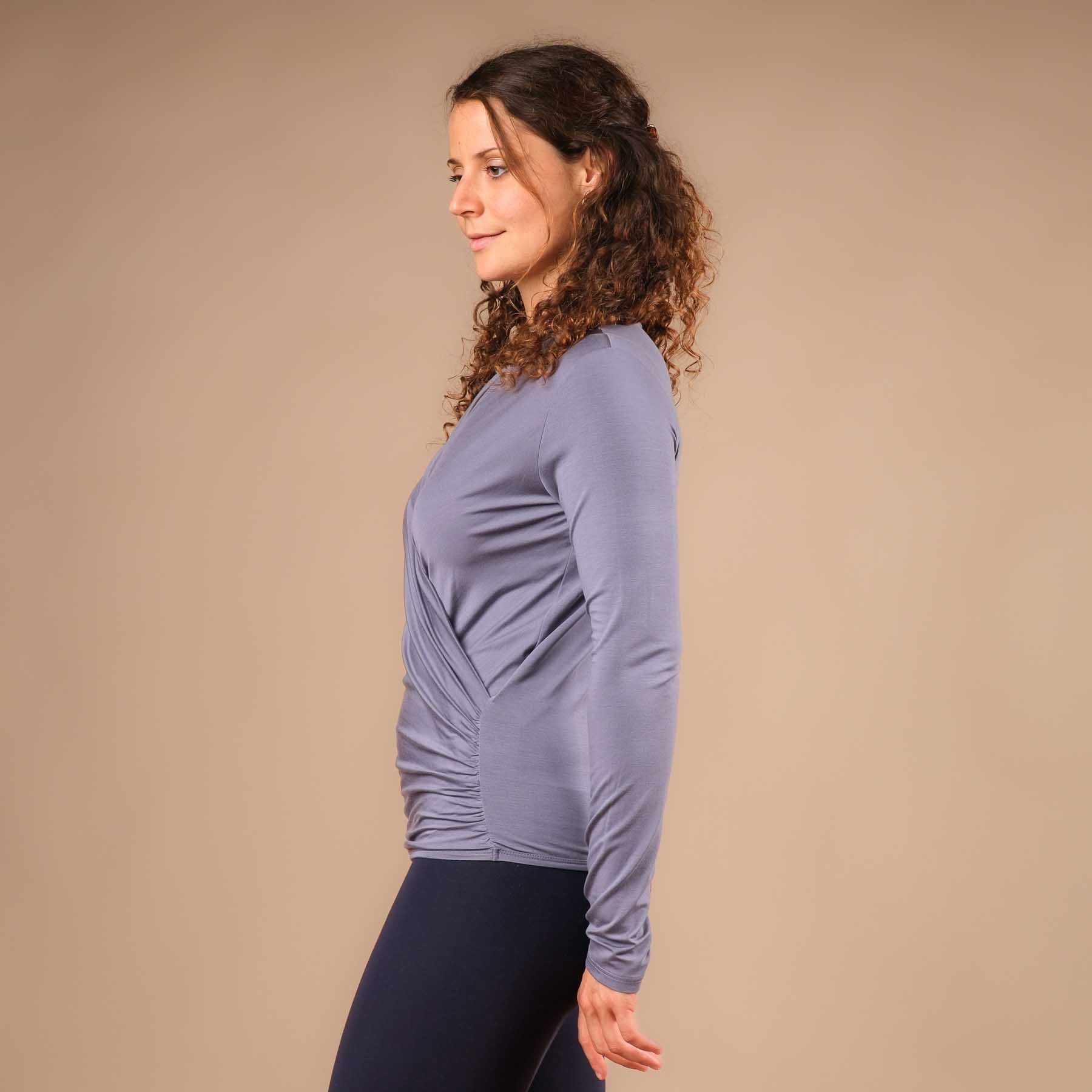 Shirt de yoga enveloppante manches longues gris-bleu