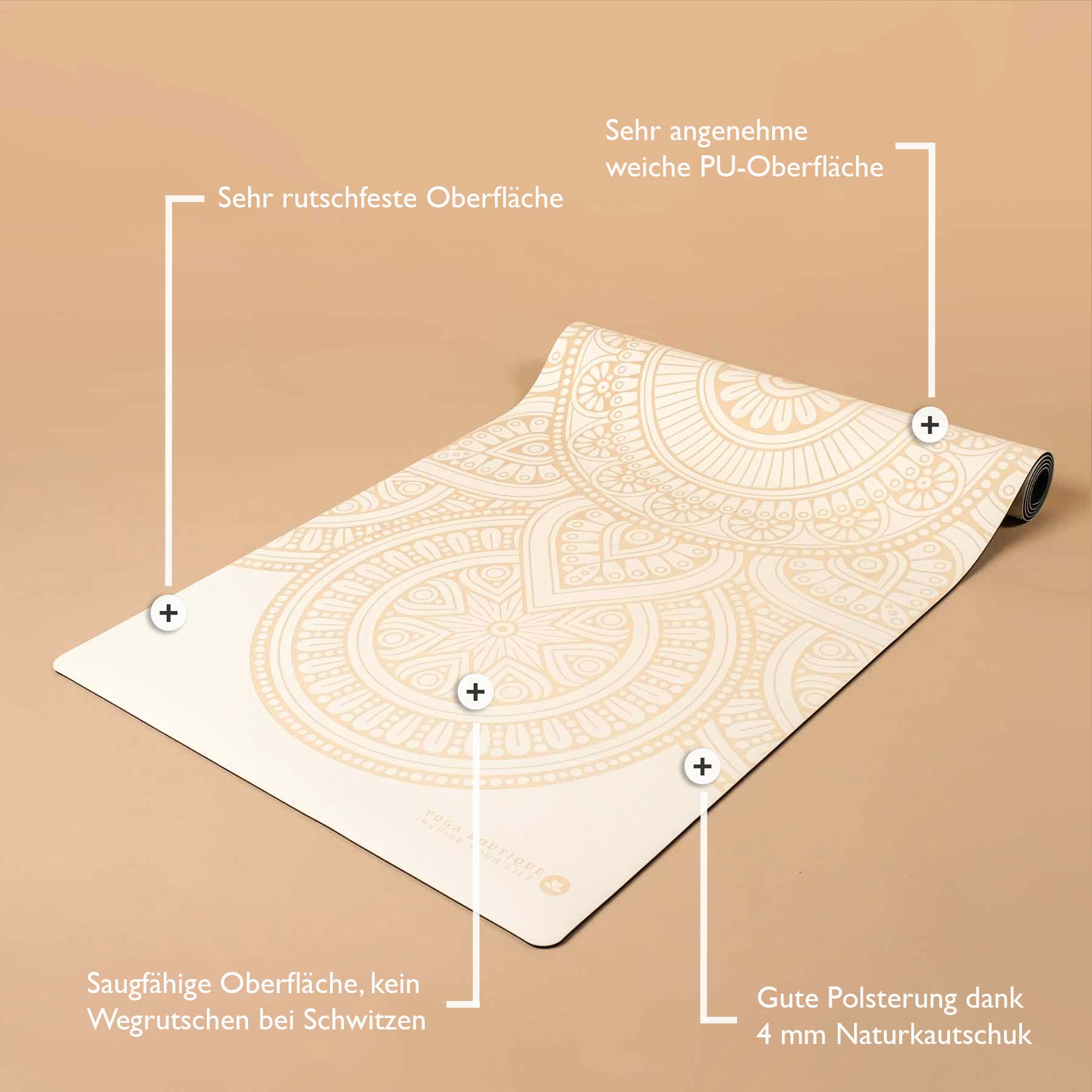 Tapis de yoga SuperGrip 2.0 Mandala Tapis de yoga très antidérapant blanc en caoutchouc naturel avec une bonne tenue
