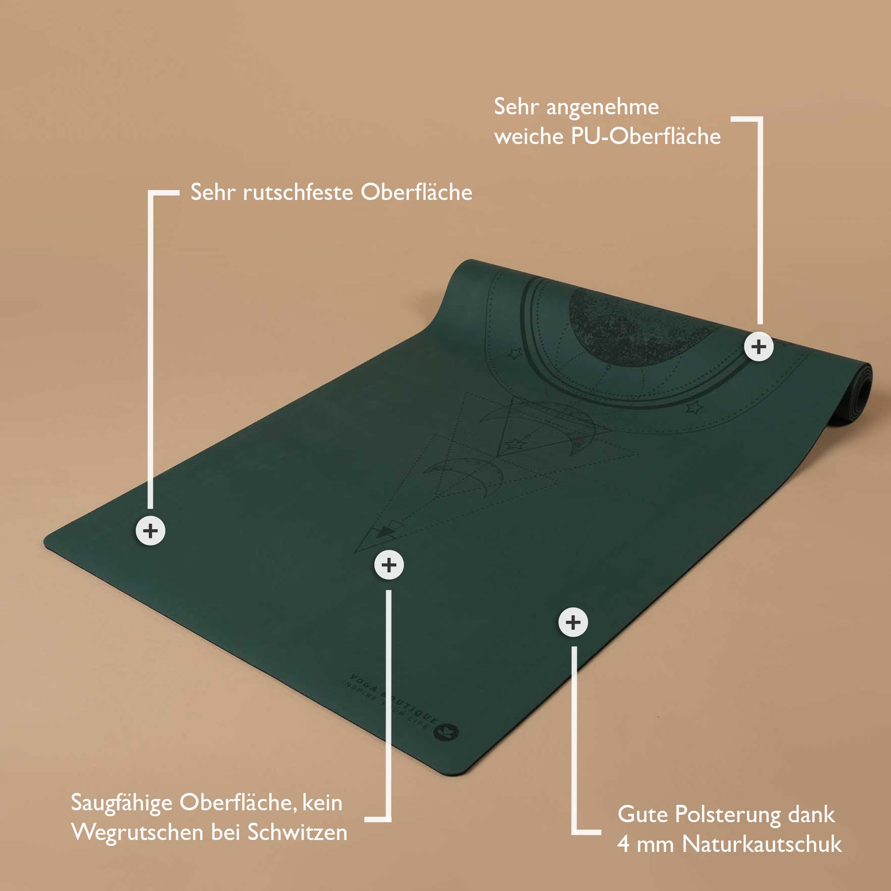 Tapis de yoga SuperGrip 2.0 Moon vert foncé en caoutchouc naturel super antidérapant avec lignes d'aide pour un alignement correct