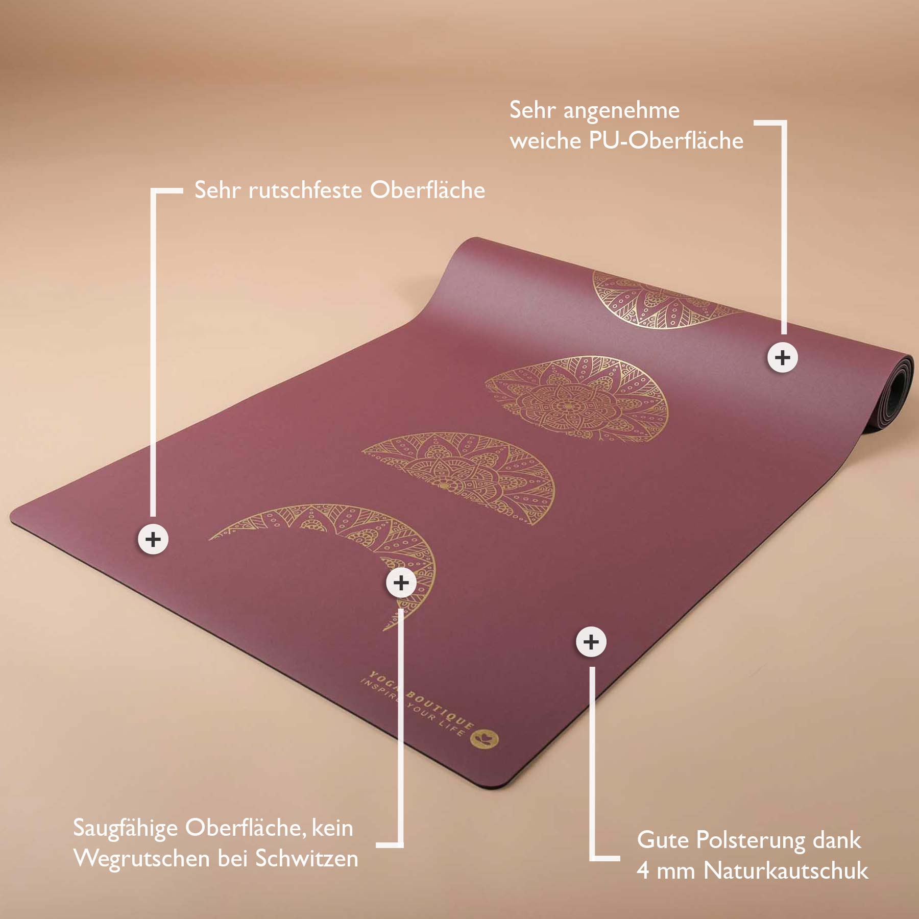 Tapis de yoga SuperGrip 2.0 Mandala Moon super antidérapant en caoutchouc naturel berry
