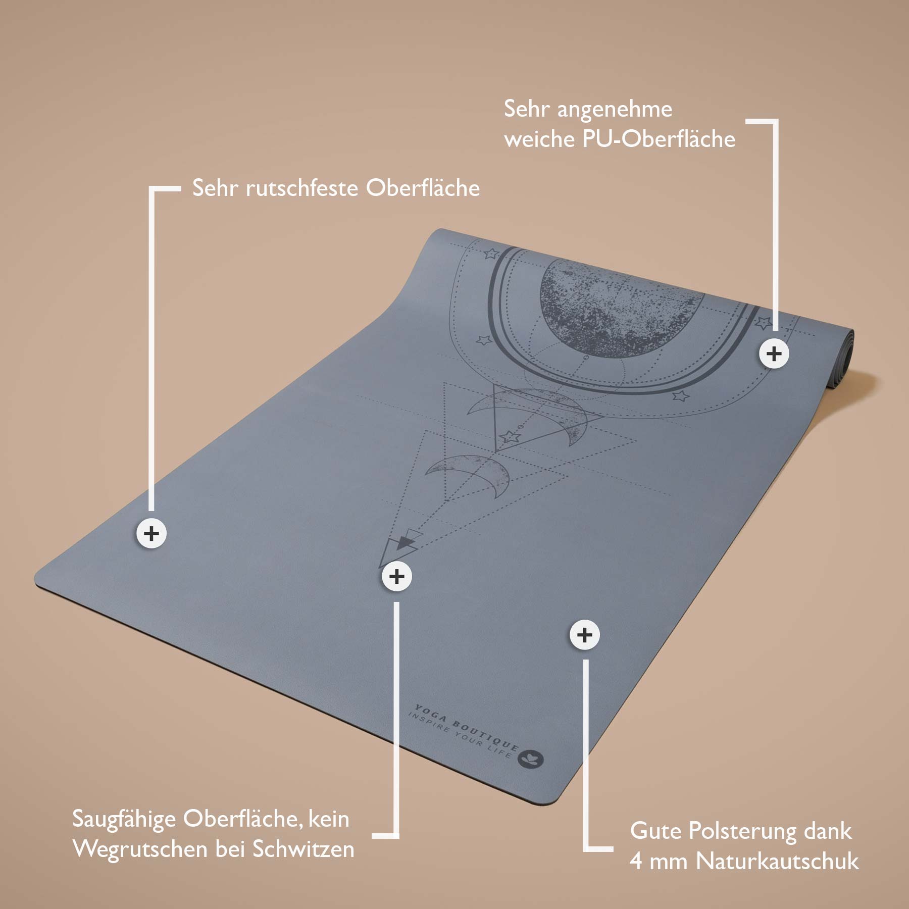 Tapis de yoga SuperGrip 2.0 Moon gris-bleu avec lignes d'aide pour un alignement correct