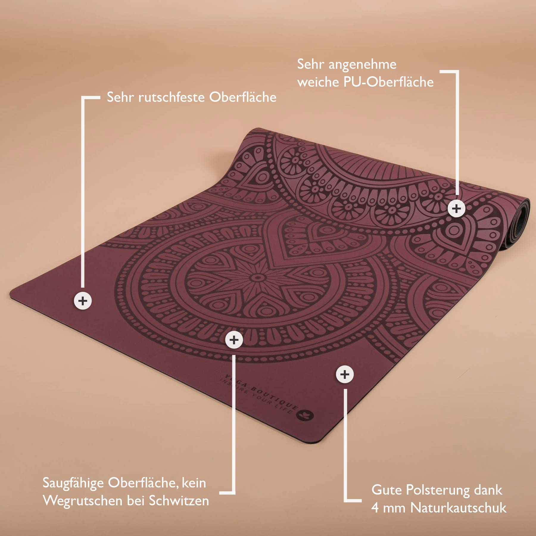 Tapis de yoga SuperGrip 2.0 Mandala tapis de yoga très antidérapant berry en caoutchouc naturel avec bonne tenue