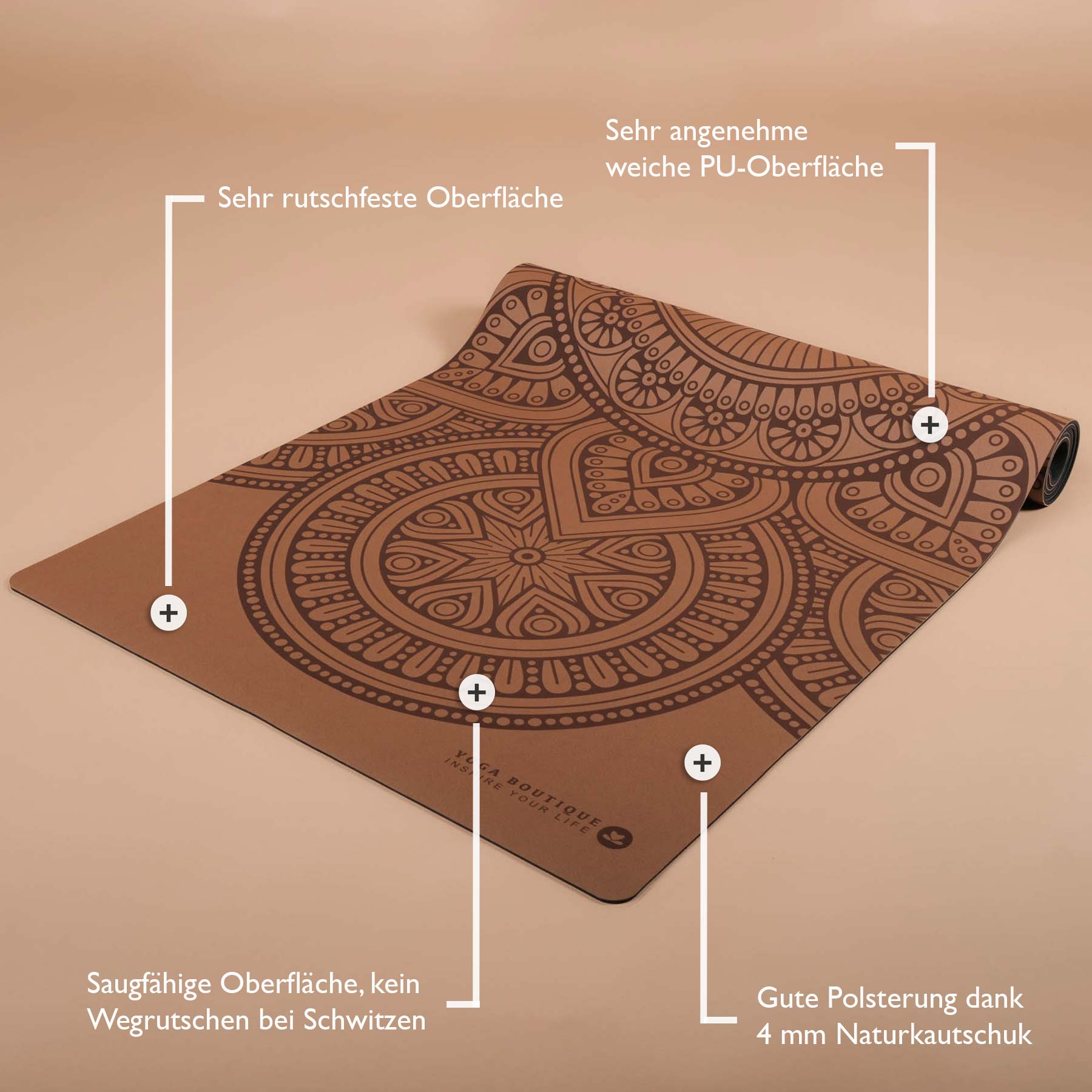 Tapis de yoga SuperGrip 2.0 Mandala tapis de yoga coffee très antidérapant en caoutchouc naturel avec une bonne tenue