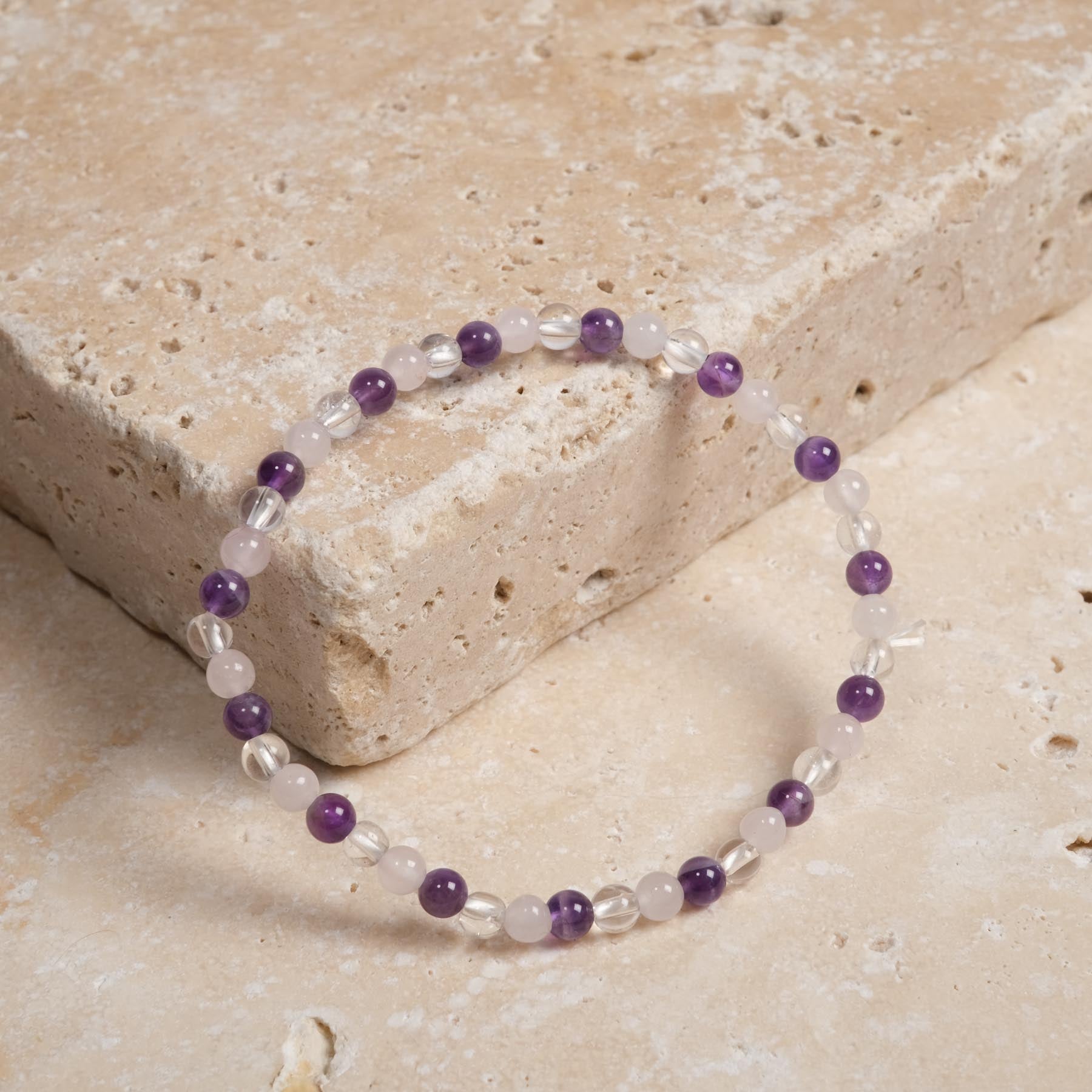 Bracelet de pierres précieuses Dream Team améthyste, cristal de roche, quartz rose