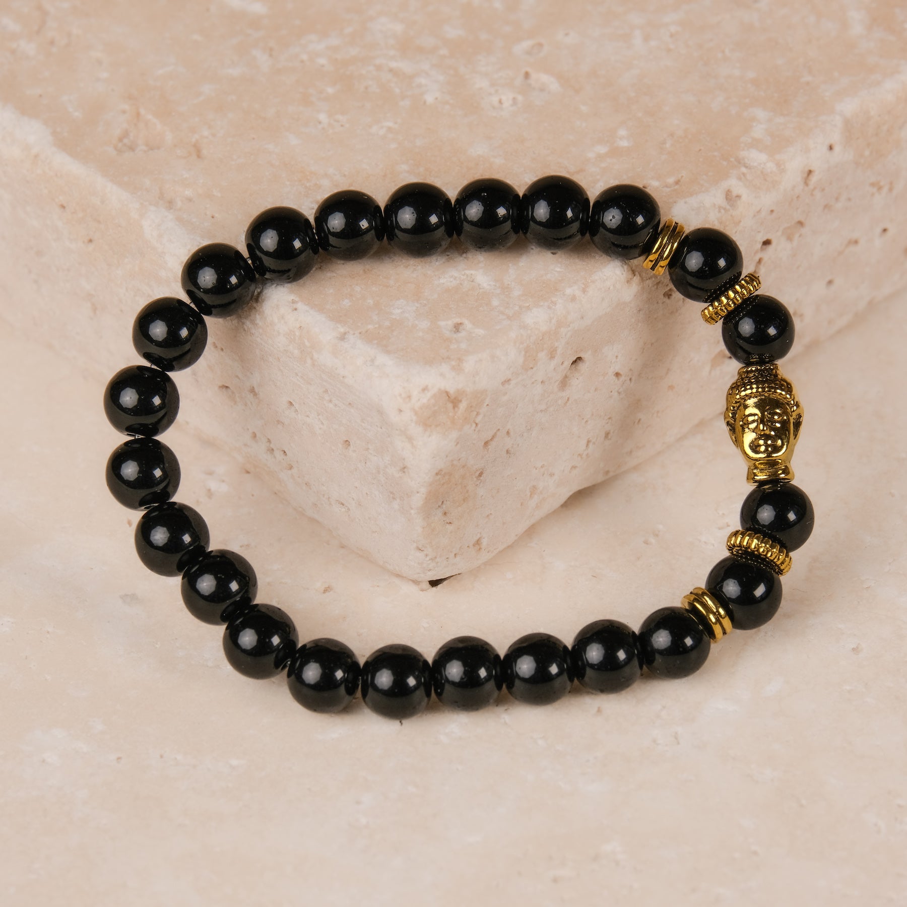 Bracelet de pierres précieuses Golden Buddha agate noire