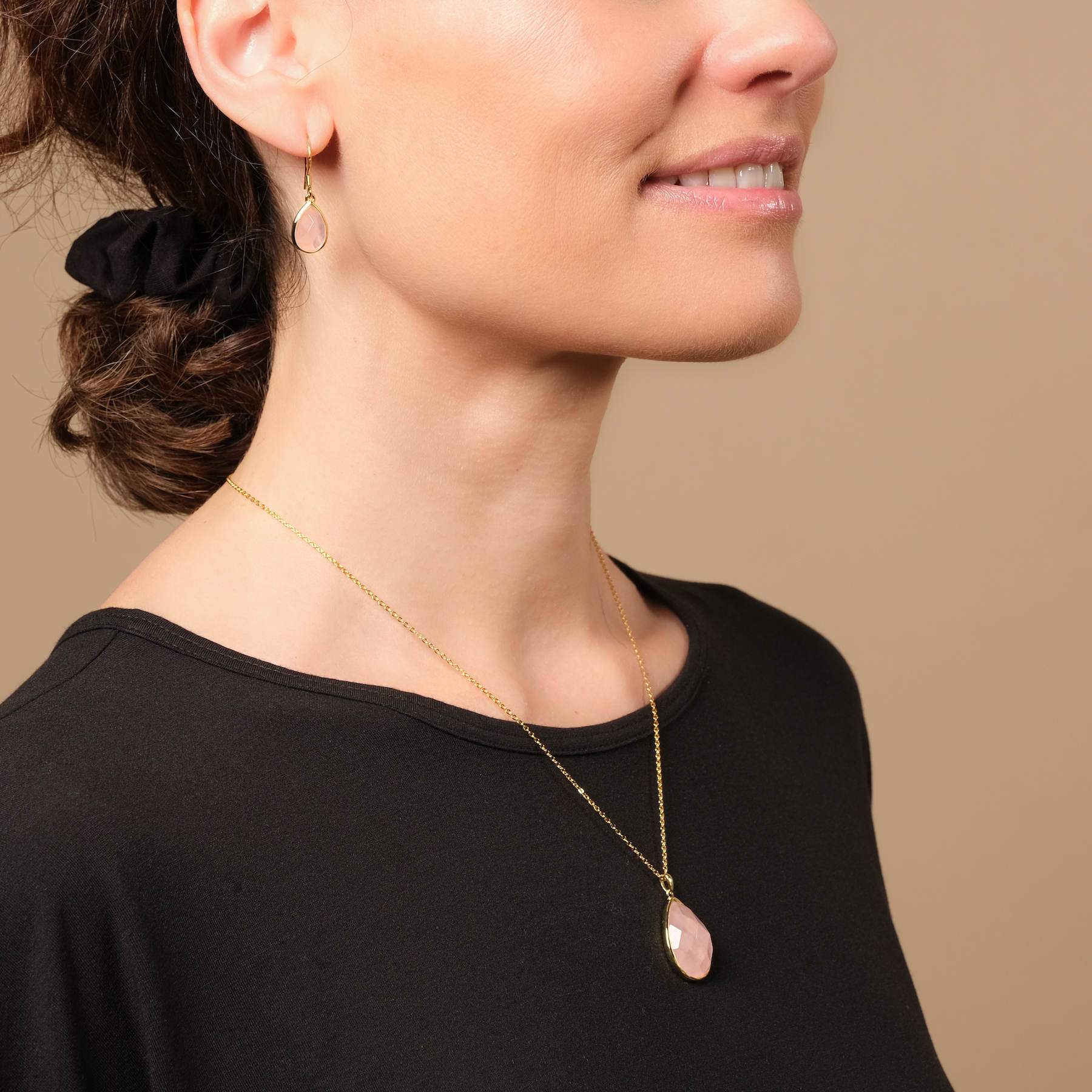 Bijoux de Yoga Pendentifs d'oreilles en quartz rose doré à facettes