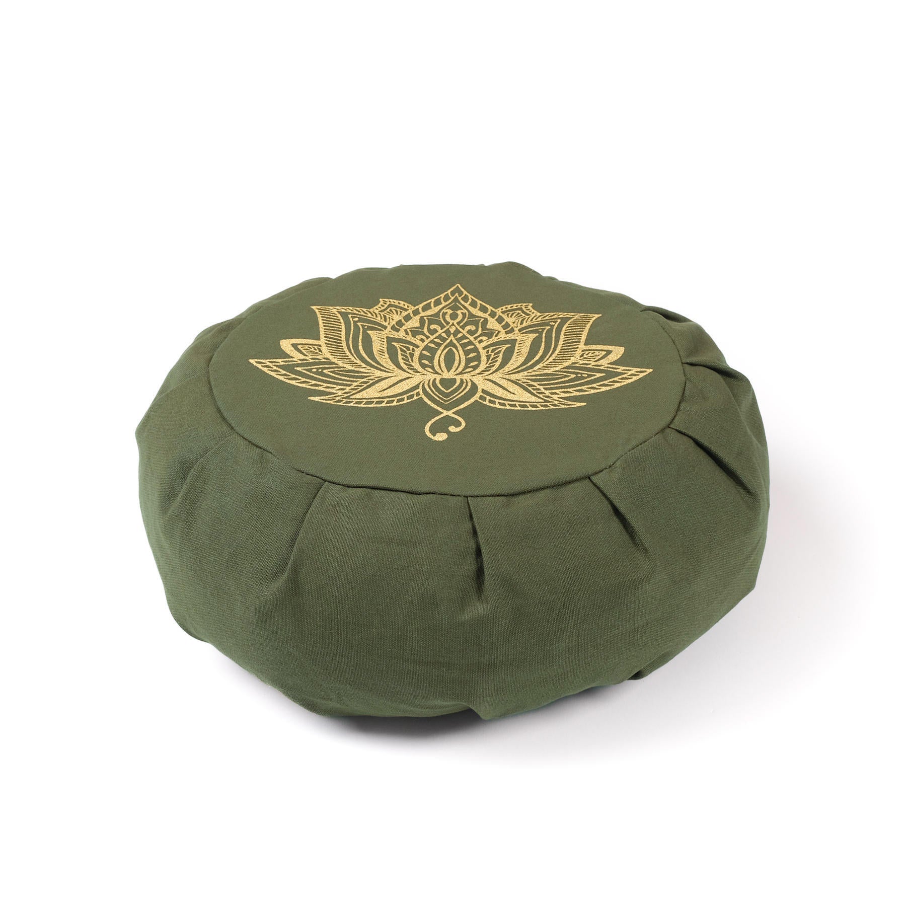 Coussin de méditation Zafu en coton bio vert olive avec imprimé or Lotus