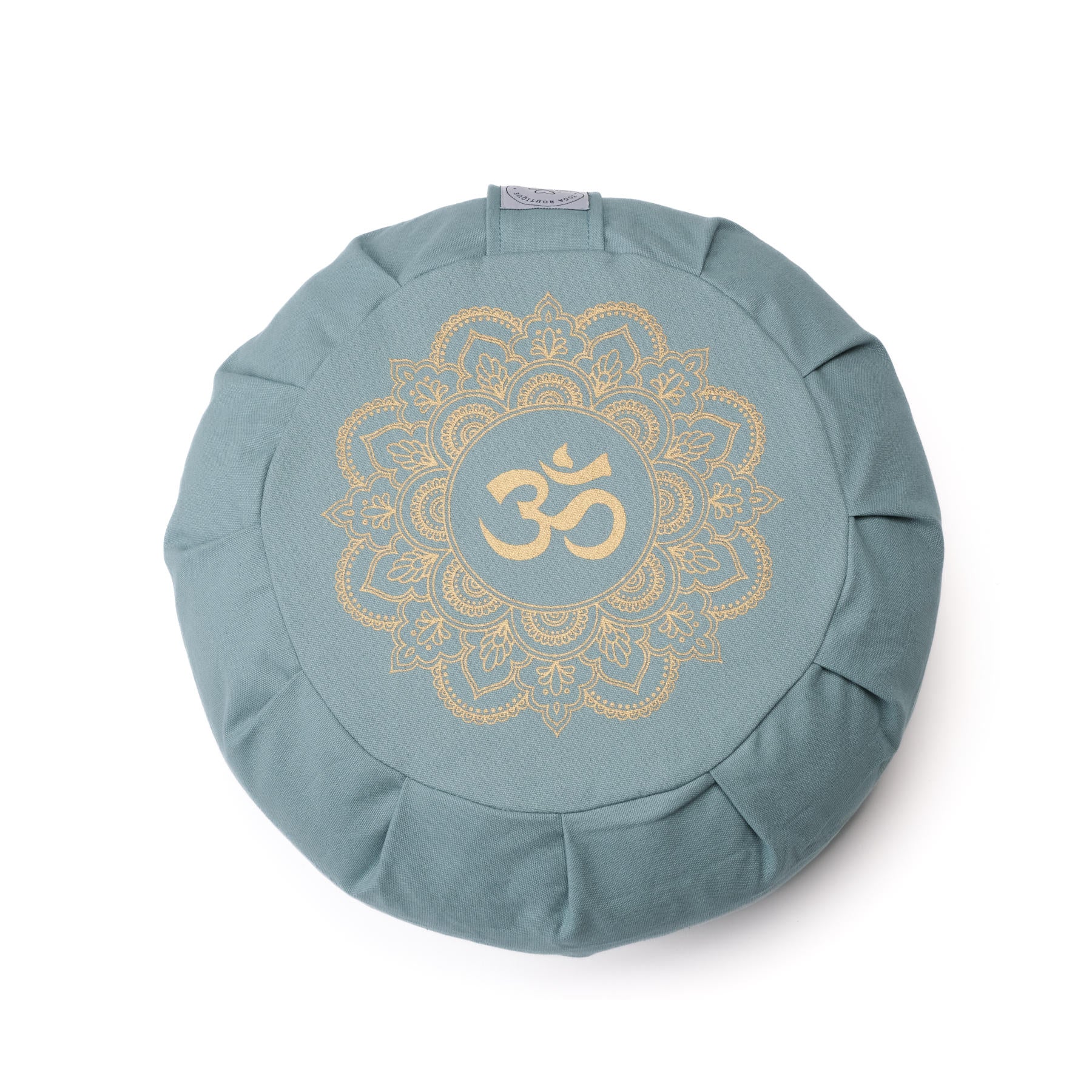 Coussin de méditation zafu en coton bio avec imprimé doré Mandala OM green-water