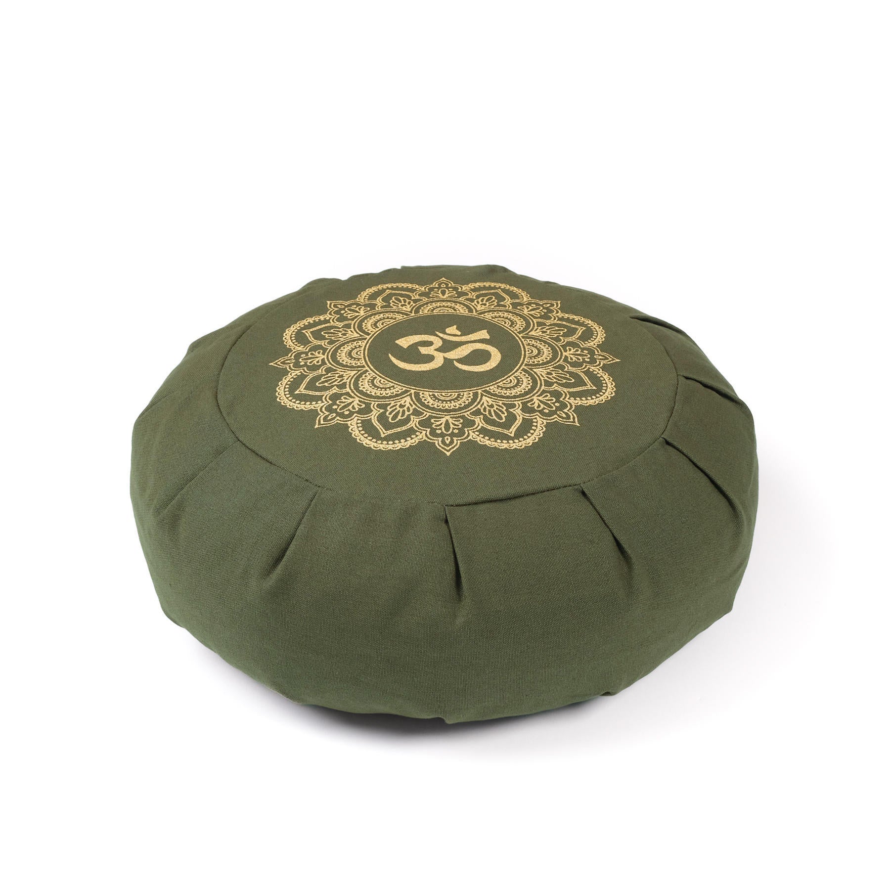 Coussin de méditation Zafu en coton bio vert olive avec imprimé doré Mandala OM