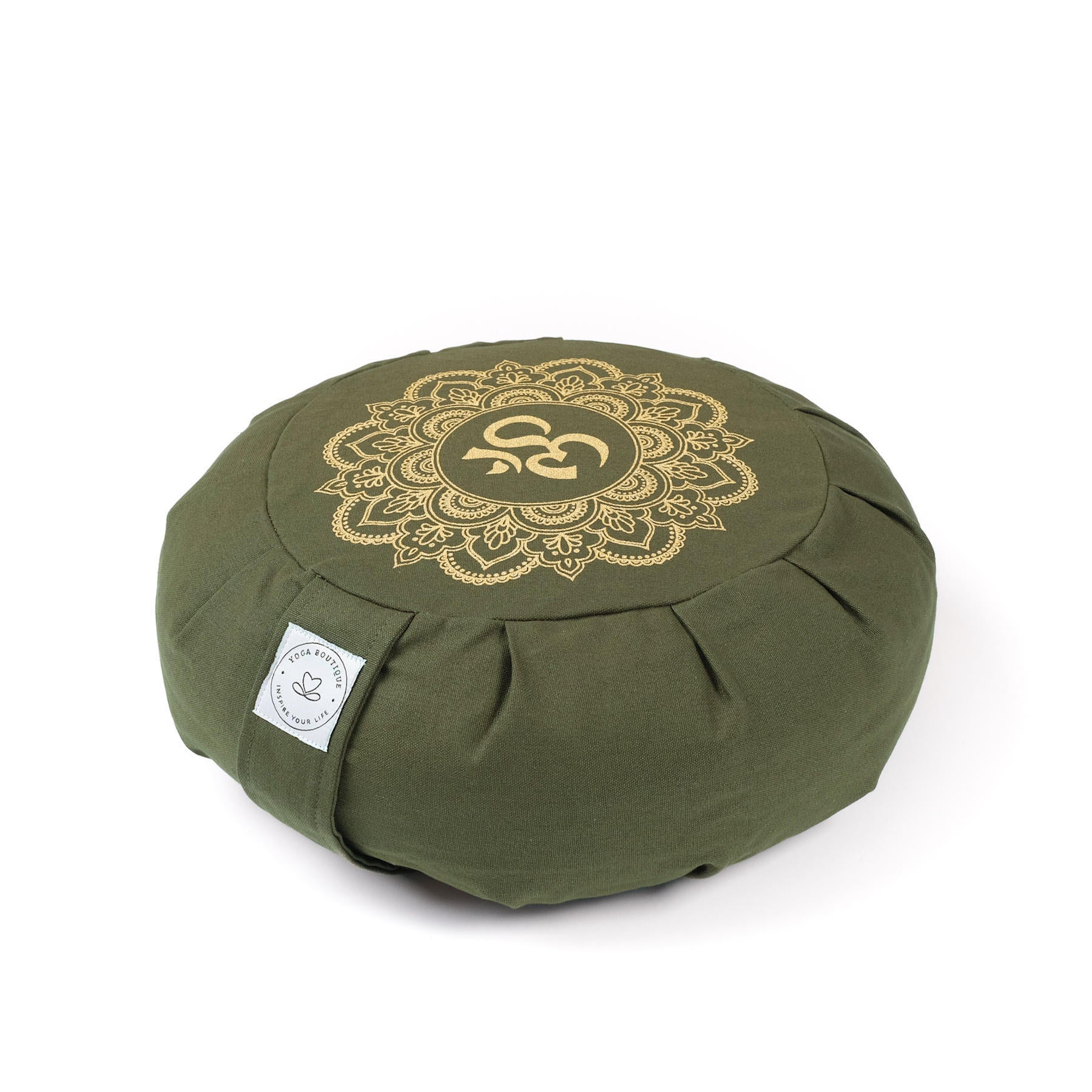 Coussin de méditation zafu en coton bio avec imprimé doré Mandala OM olive vert