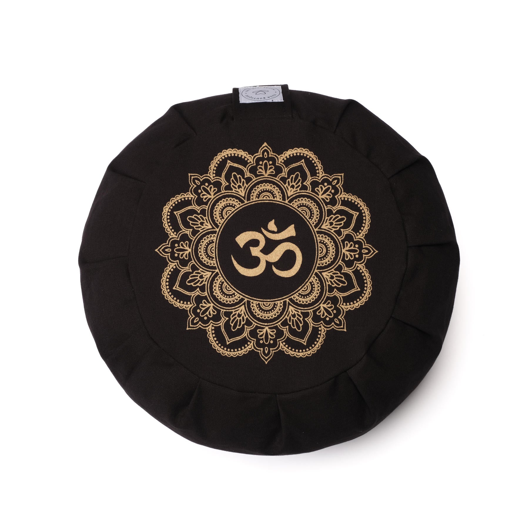 Coussin de méditation zafu en coton bio avec imprimé doré Mandala OM noir