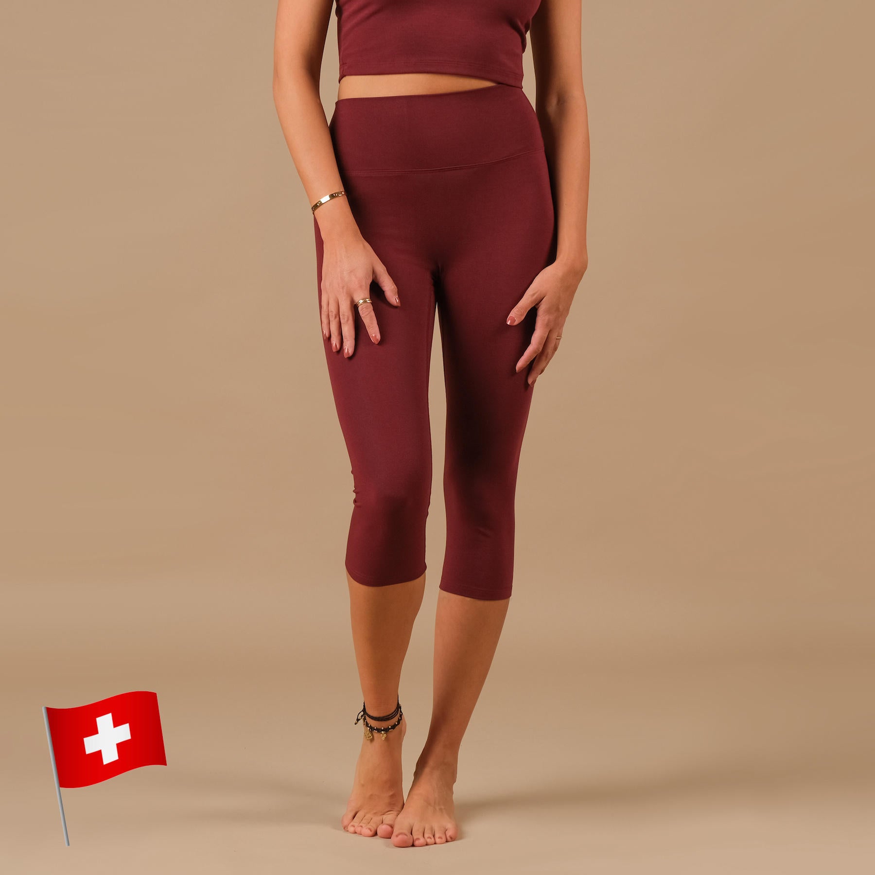 Yoga Capri Leggings Comfy bordeaux fabriqué de manière durable en Suisse