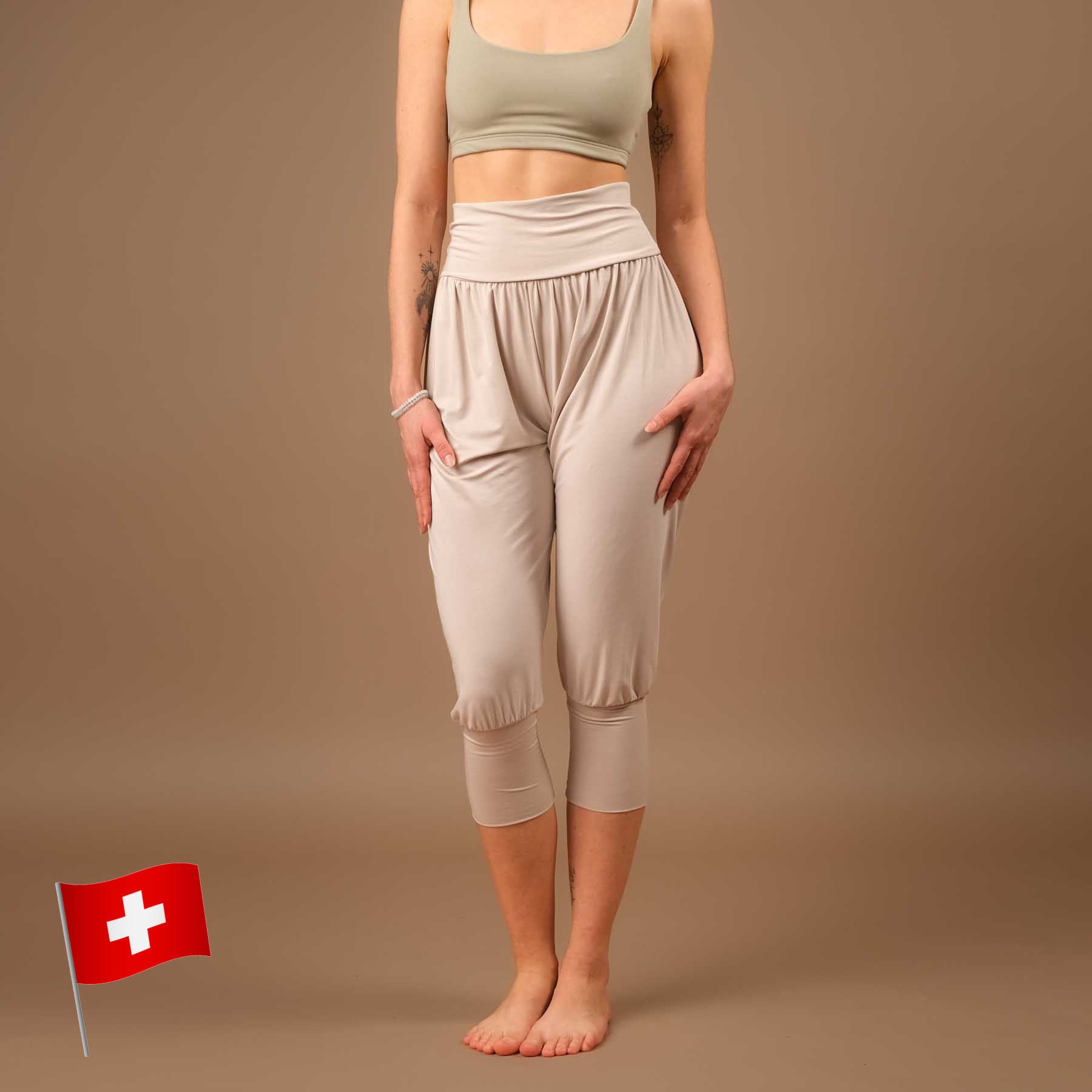 durable pantalon de yoga ample pantalon de harem 3/4 Taj Mahal fabriqué en Suisse, sable